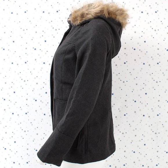 Charcoal Faux Fur Hooded Wool Blend Coat Jacket - Picture 6 of 9